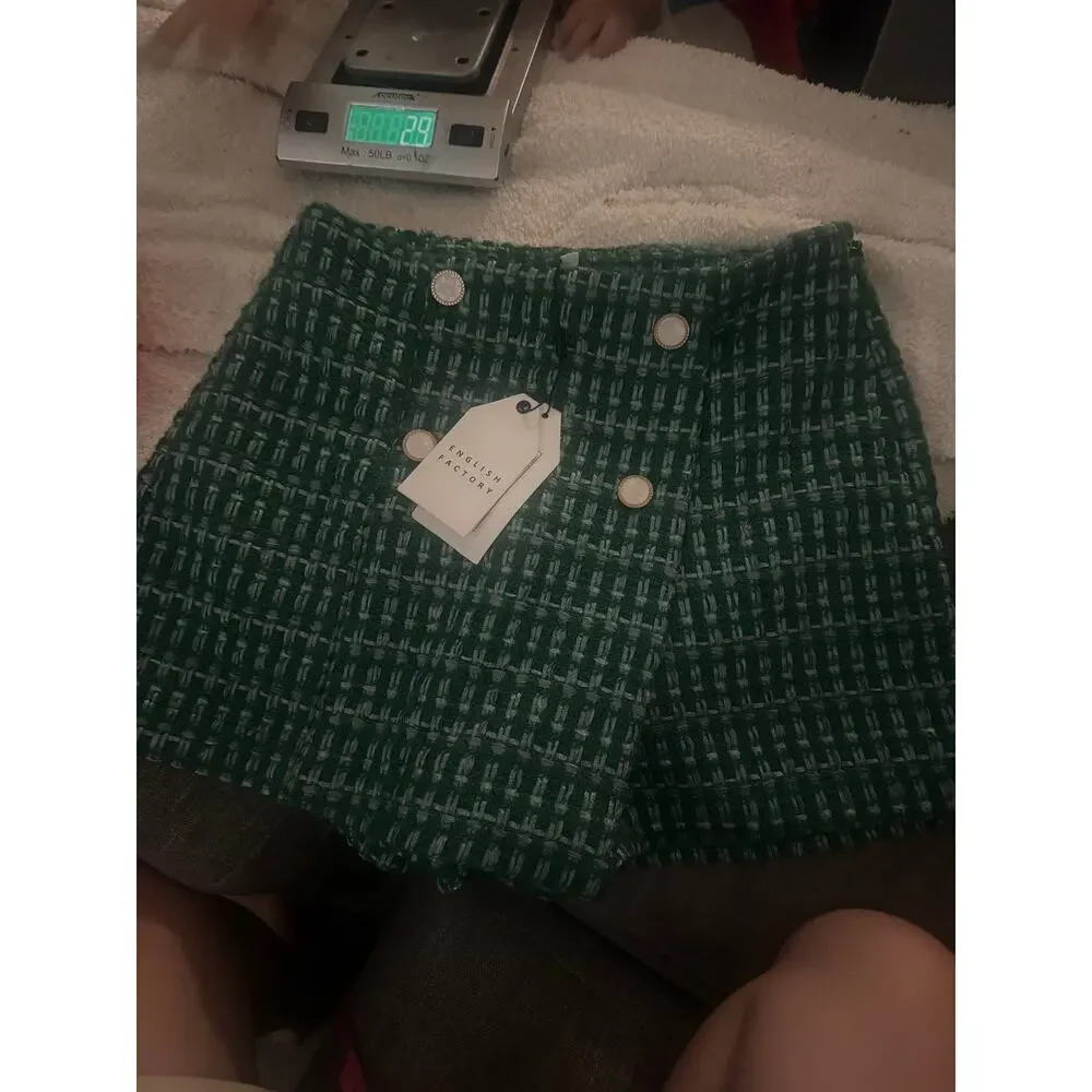 New English Factory Green Metallic Tweed Jacket Shorts 2 Piece Set NWT Size S